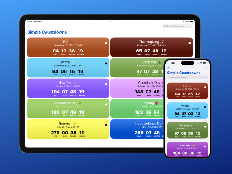 An iPhone and an iPad with the Simple Countdowns app opened.